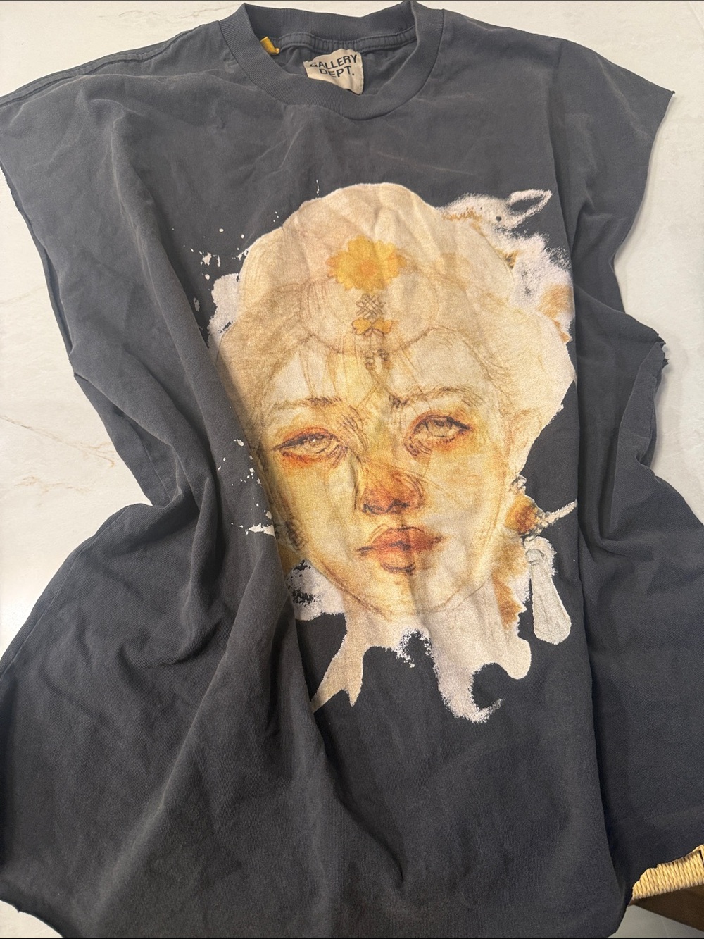 Gallery Dept Black Tee with Cream and Yellow Portrait Graphic